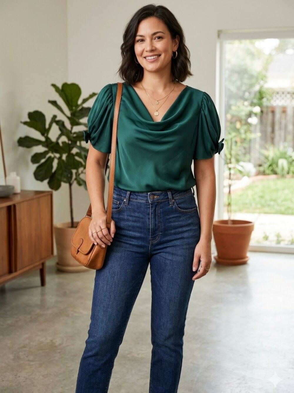 NWT CeCe Dark Forest Green Satin Cowl Neck Bubble Sleeve Blouse Top Size M
